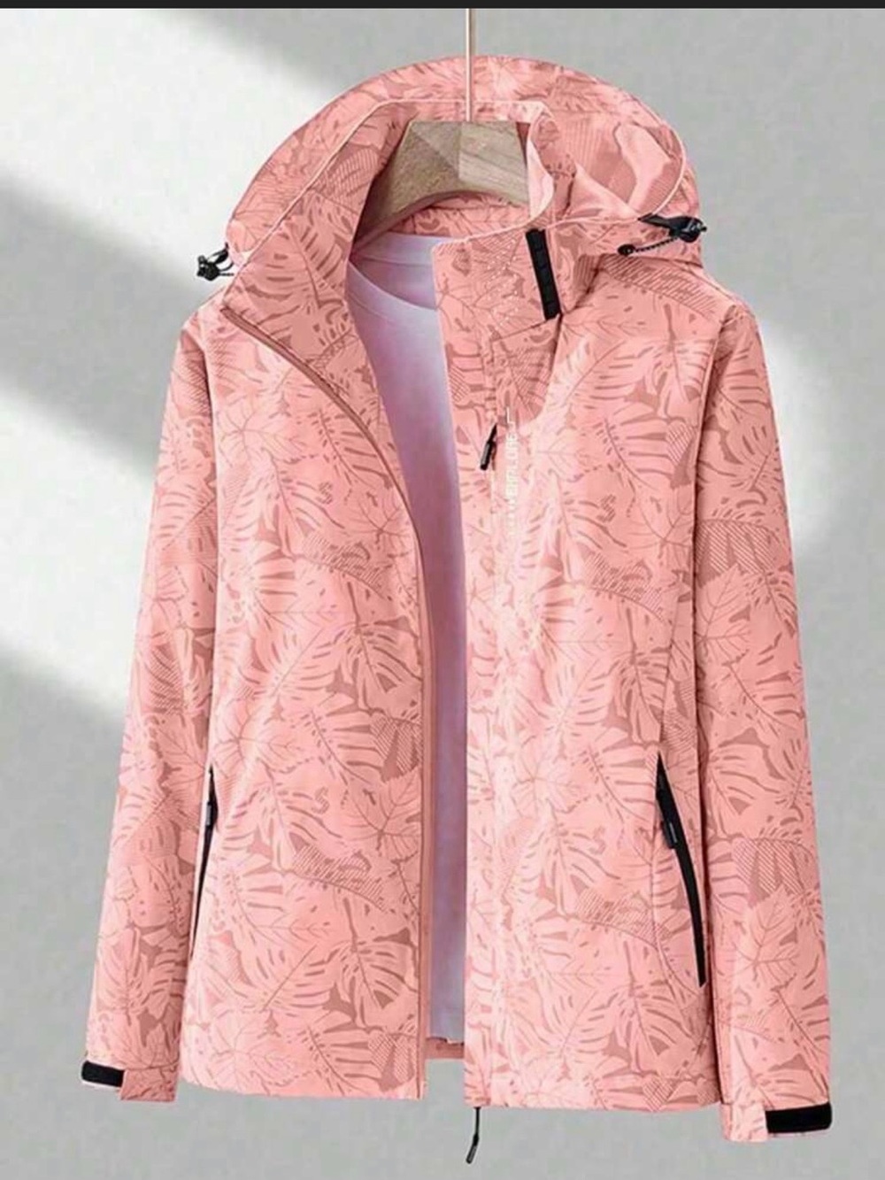 Women's Pink Hooded Jacket with Subtle Leaf Print